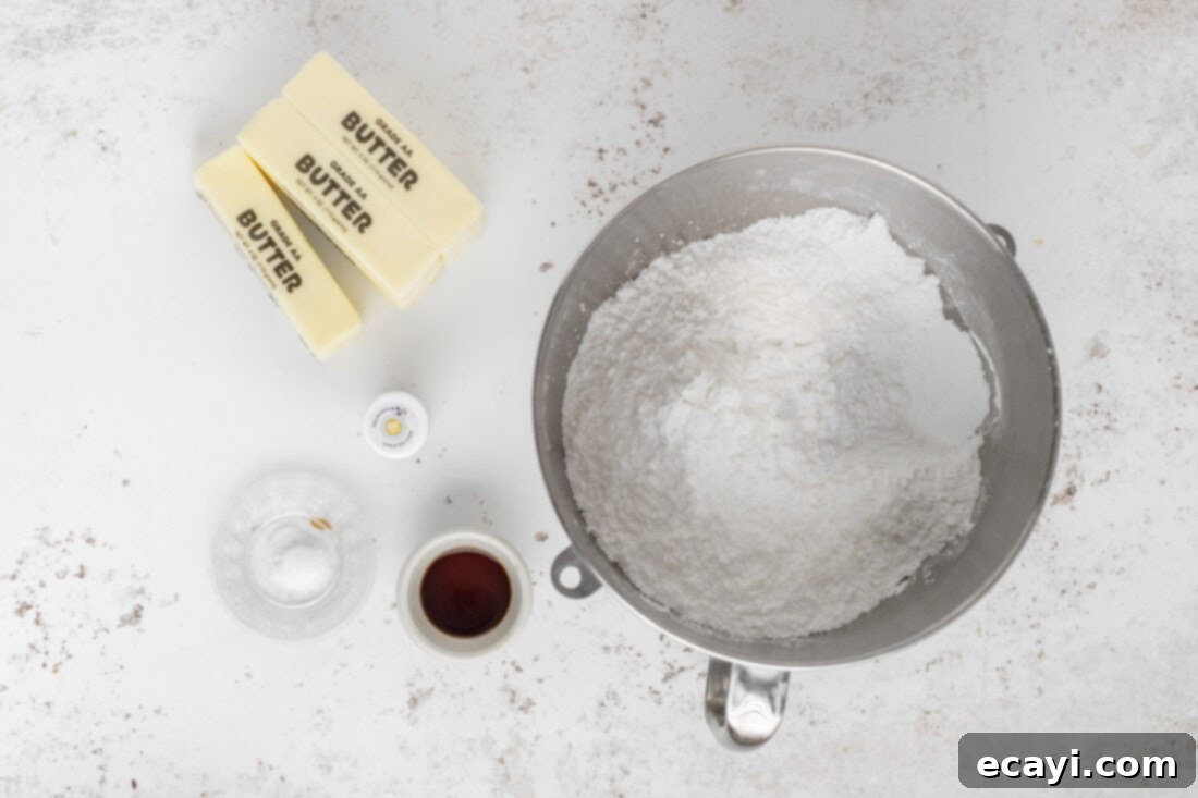 Crystalline Dream Cake 5 Ingredients for the buttercream frosting, including powdered sugar, butter, and vanilla extract.