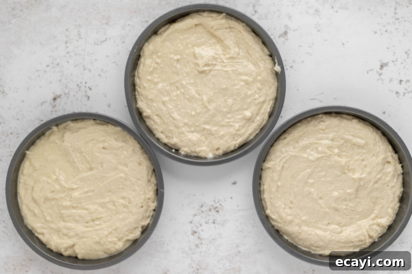 Crystalline Dream Cake 9 Cake batter evenly divided into prepared cake pans, ready for baking.