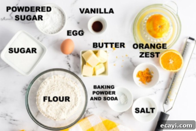 Gather your ingredients: All you need for these soft and chewy Orange Crinkle Cookies, packed with real orange juice and zest. Various dry and wet ingredients for orange crinkle cookies are neatly laid out and labeled on a countertop, including flour, sugar, butter, and oranges.
