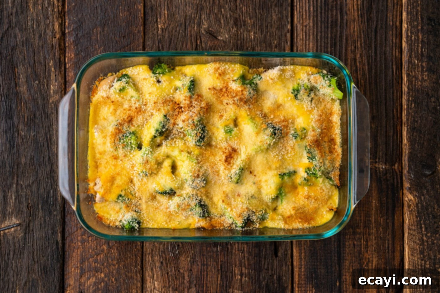 Creamy Chicken Broccoli Bake 11 baked overhead shot of chicken divan casserole