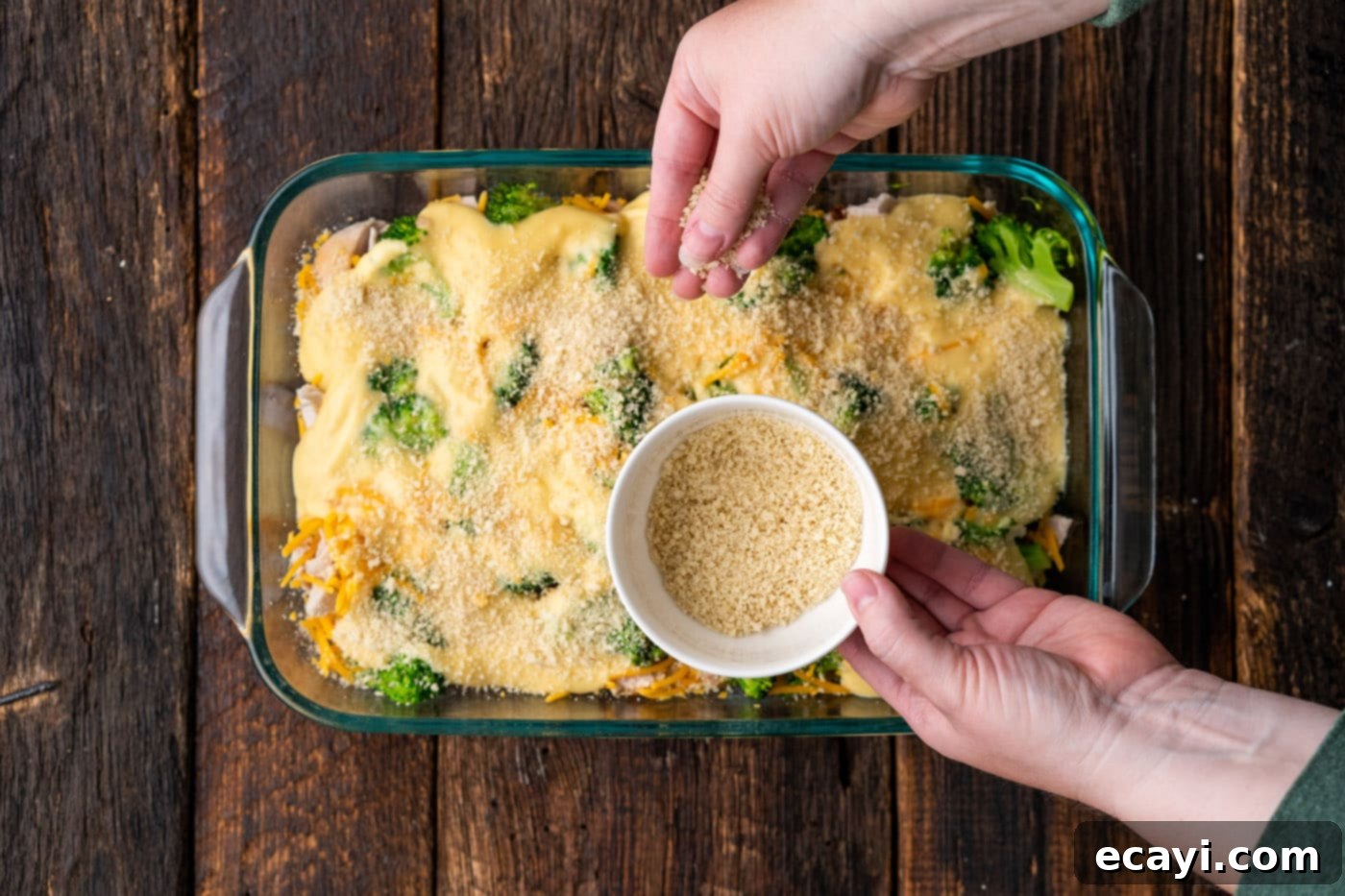 Creamy Chicken Broccoli Bake 9 sprinkling breadcrumbs over chicken divan casserole