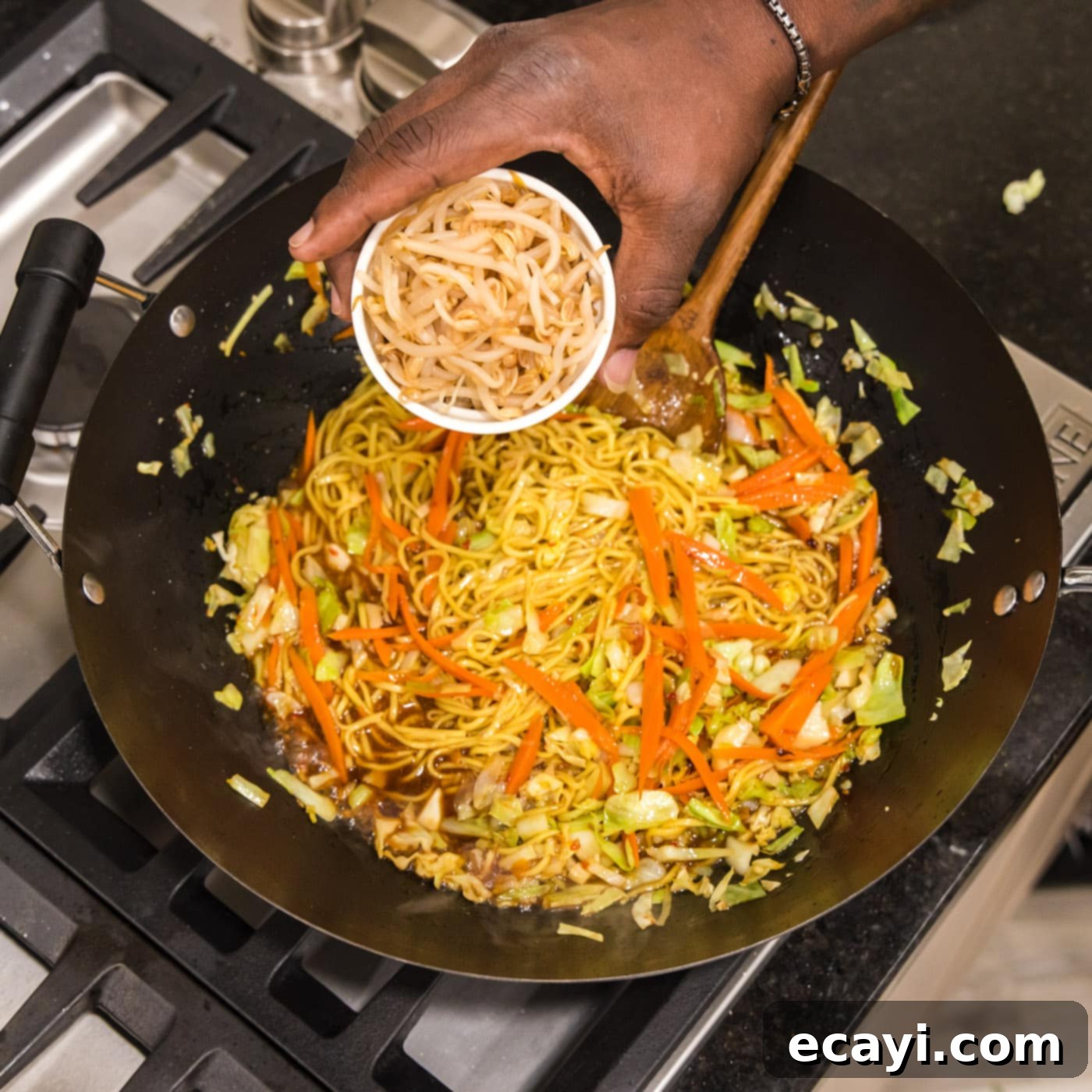 Chow Mein 11 adding bean sprouts to chow mein
