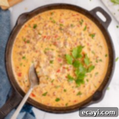 Spicy Creamy Party Queso 8 Rotel Dip in a skillet, garnished and ready to serve