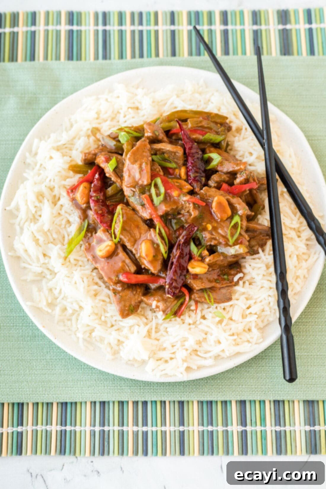 Fiery Szechuan Beef 16 A beautifully plated dish of Kung Pao Beef, ready to be served