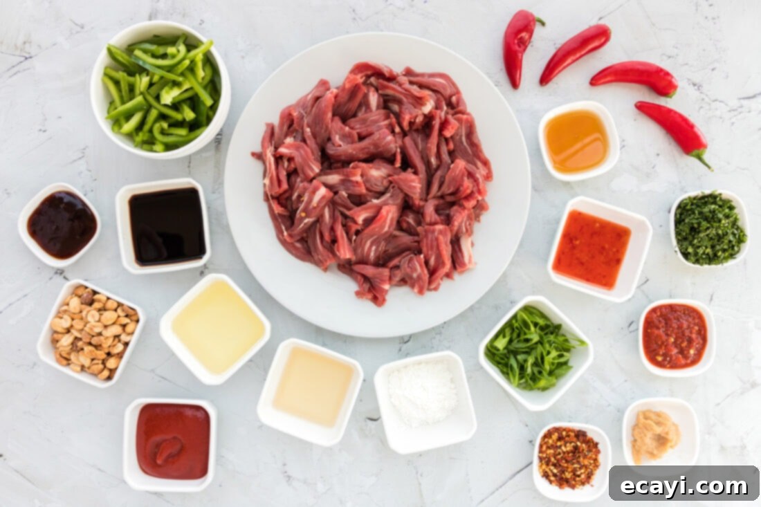 Fiery Szechuan Beef 4 A selection of fresh ingredients laid out for Kung Pao Beef preparation