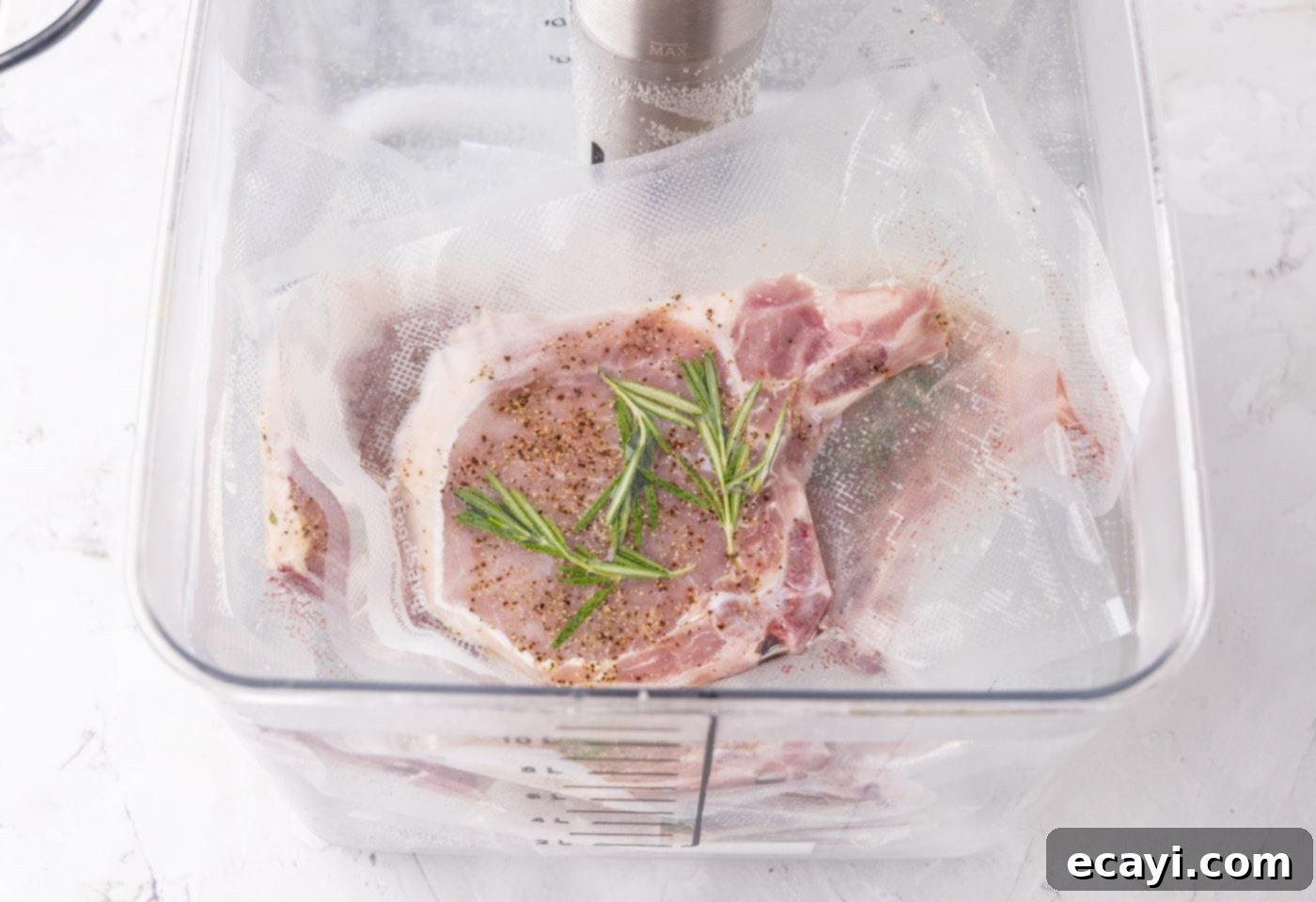 Meltingly Tender Sous Vide Pork Chops 9 vacuum sealed pork chops in sous vid container