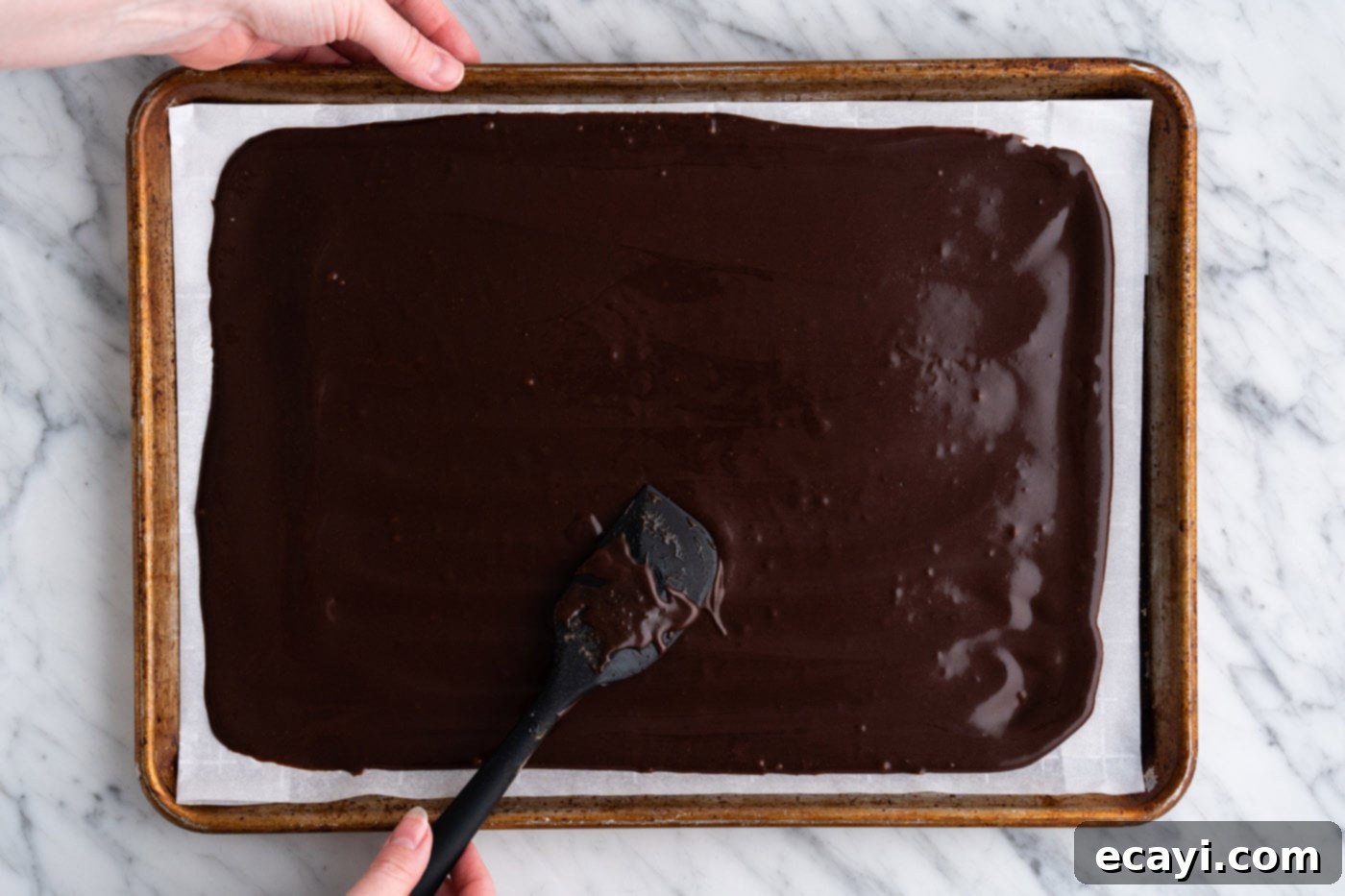 Brownie Bark 14 spreading chocolate batter out thin