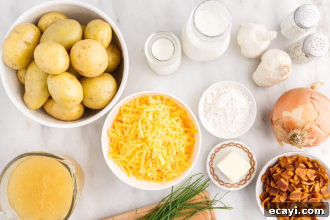 Loaded Baked Potato Soup 4 Collection of fresh ingredients for baked potato soup, including whole potatoes, strips of bacon, block of cheddar cheese, cartons of milk and broth, and fresh herbs, arranged on a rustic surface