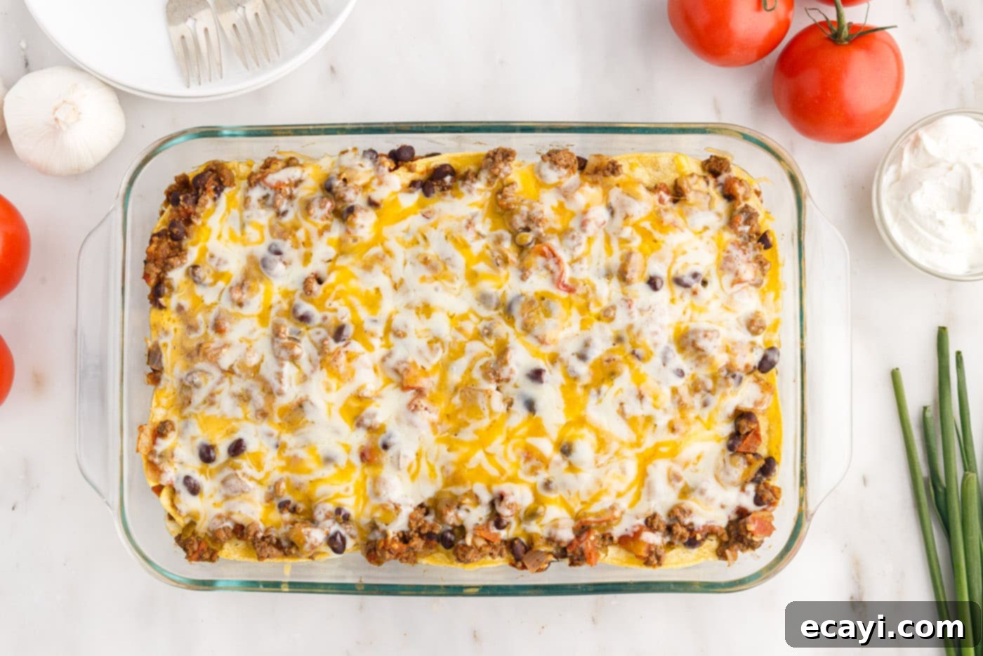 Tex-Mex Lasagna 14 Freshly baked Mexican lasagna casserole, golden and bubbly