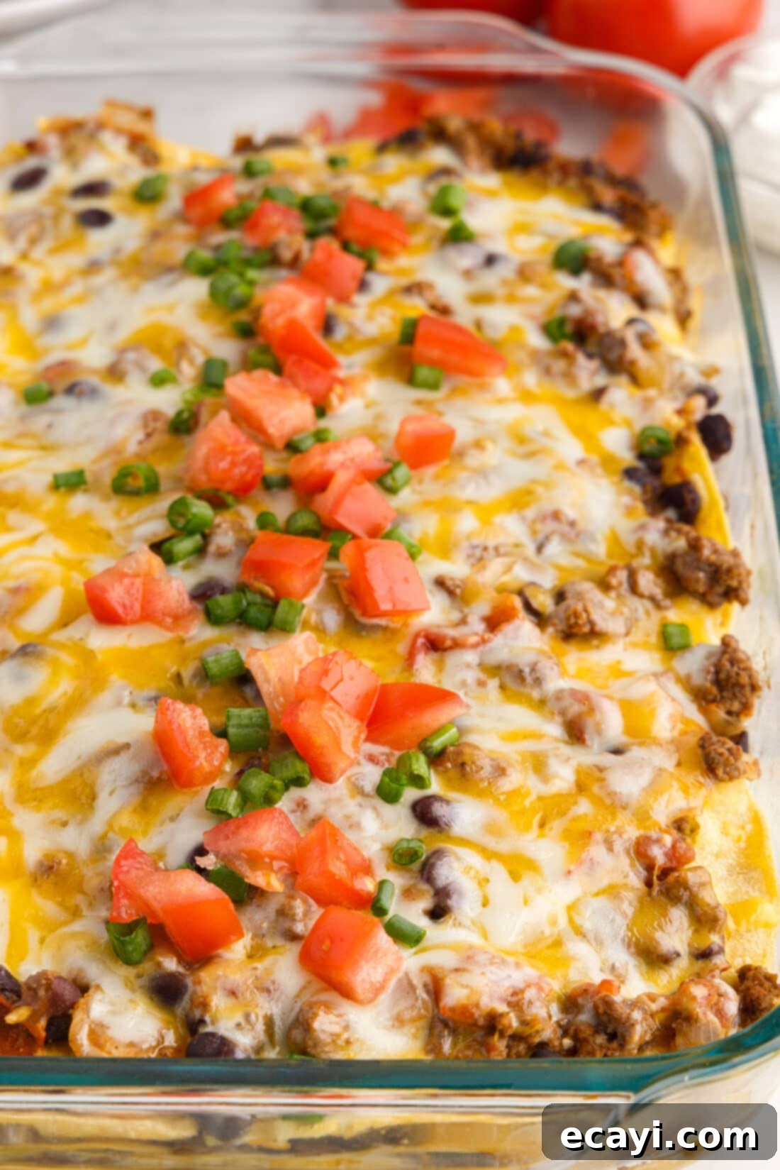 Tex-Mex Lasagna 15 Close up of a bubbly and golden Mexican Lasagna in a pan
