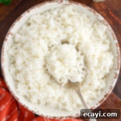 Perfect Fluffy Rice Every Time 15 Overhead photo of a bowl of rice with a spoon