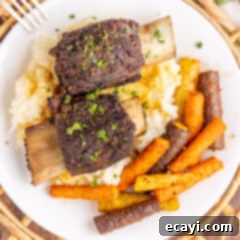 Slow-Cooked Beef Short Ribs 12 Overhead photo of two Beef Short Ribs over mashed potaoes
