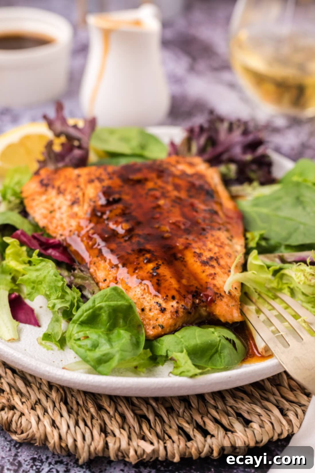 Velvet Salmon Glaze 9 Piece of salmon with Salmon Sauce on top