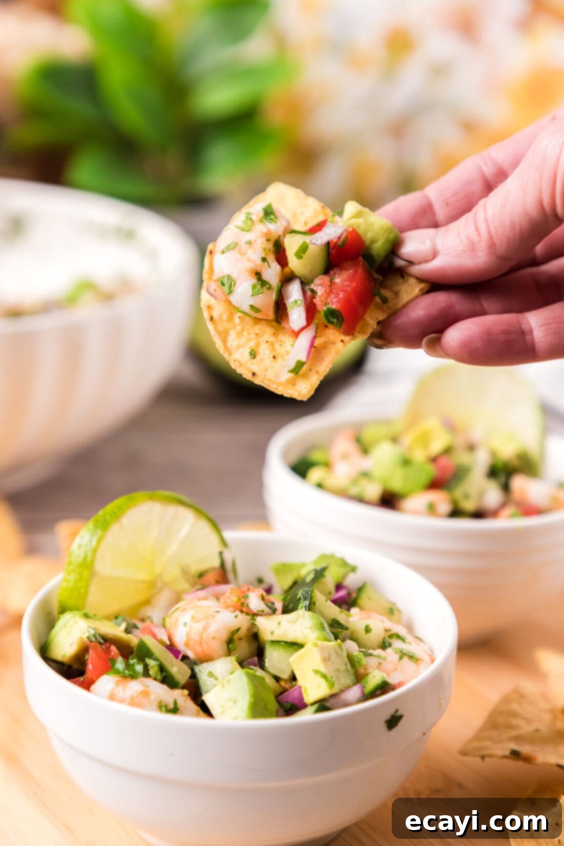 Zesty Lime Shrimp Ceviche 2 Shrimp Ceviche on a tortilla chip
