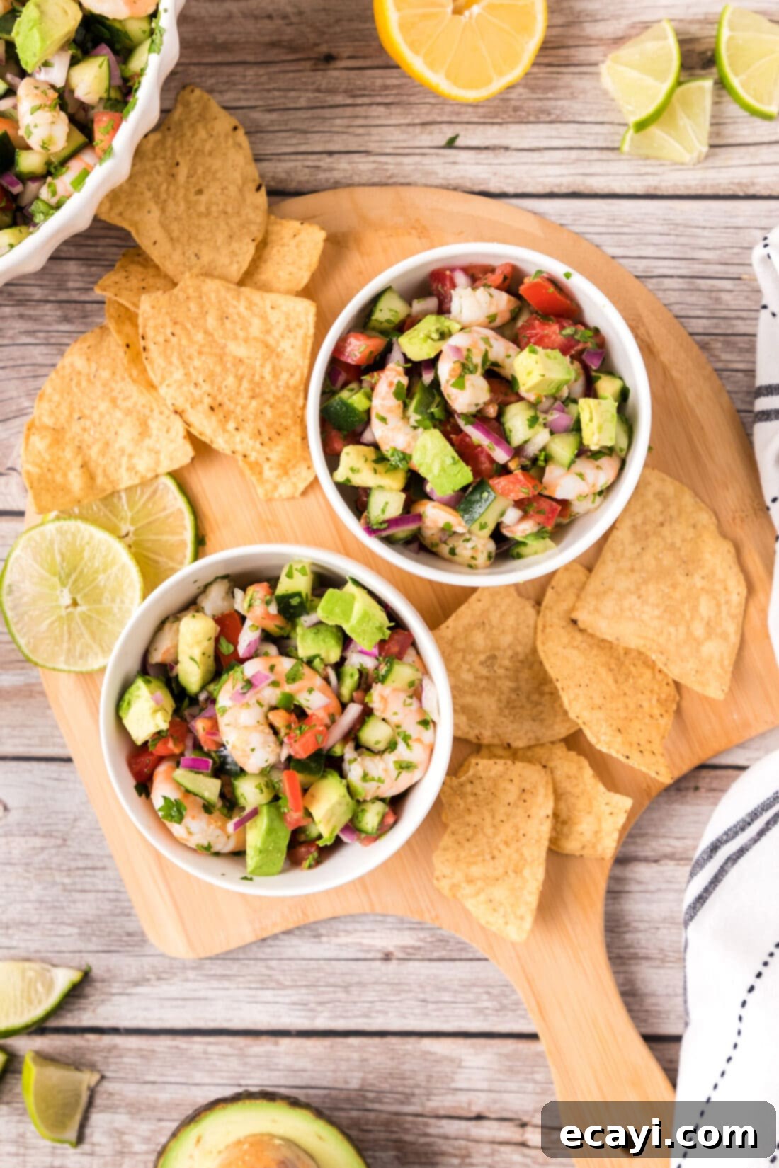 Zesty Lime Shrimp Ceviche 3 Two bowls of Shrimp Ceviche on a platter with tortilla chips