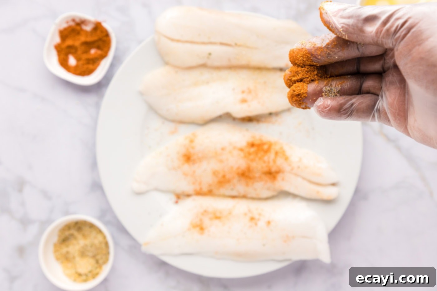 The Ageless Orange of the Depths 5 Hand rubbing garlic salt and Old Bay seasonings onto orange roughy filets