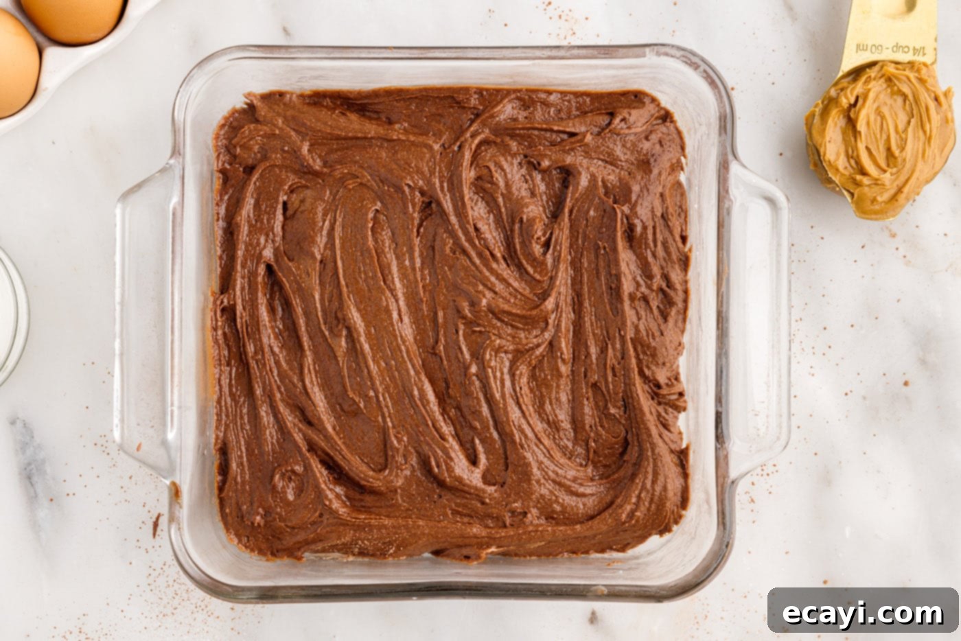 Peanut Butter Brownie Bliss 11 brownie batter in a square baking dish
