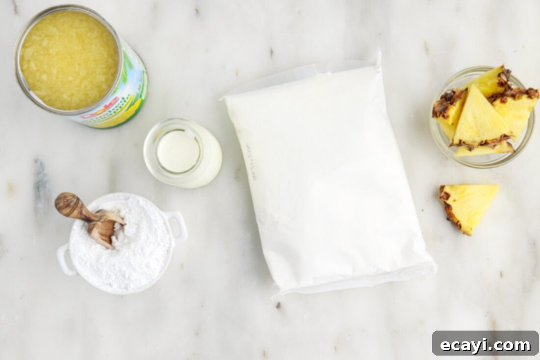 Tropical Pineapple Angel Delight 4 Ingredients for 2-Ingredient Pineapple Angel Food Cake laid out