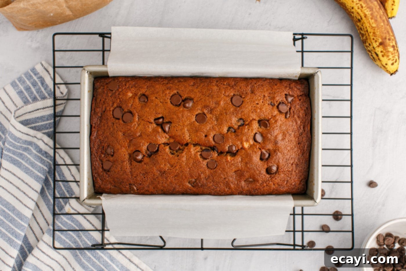 Banana Chip Indulgence 14 baked chocolate chip banana bread on a wire cooling rack
