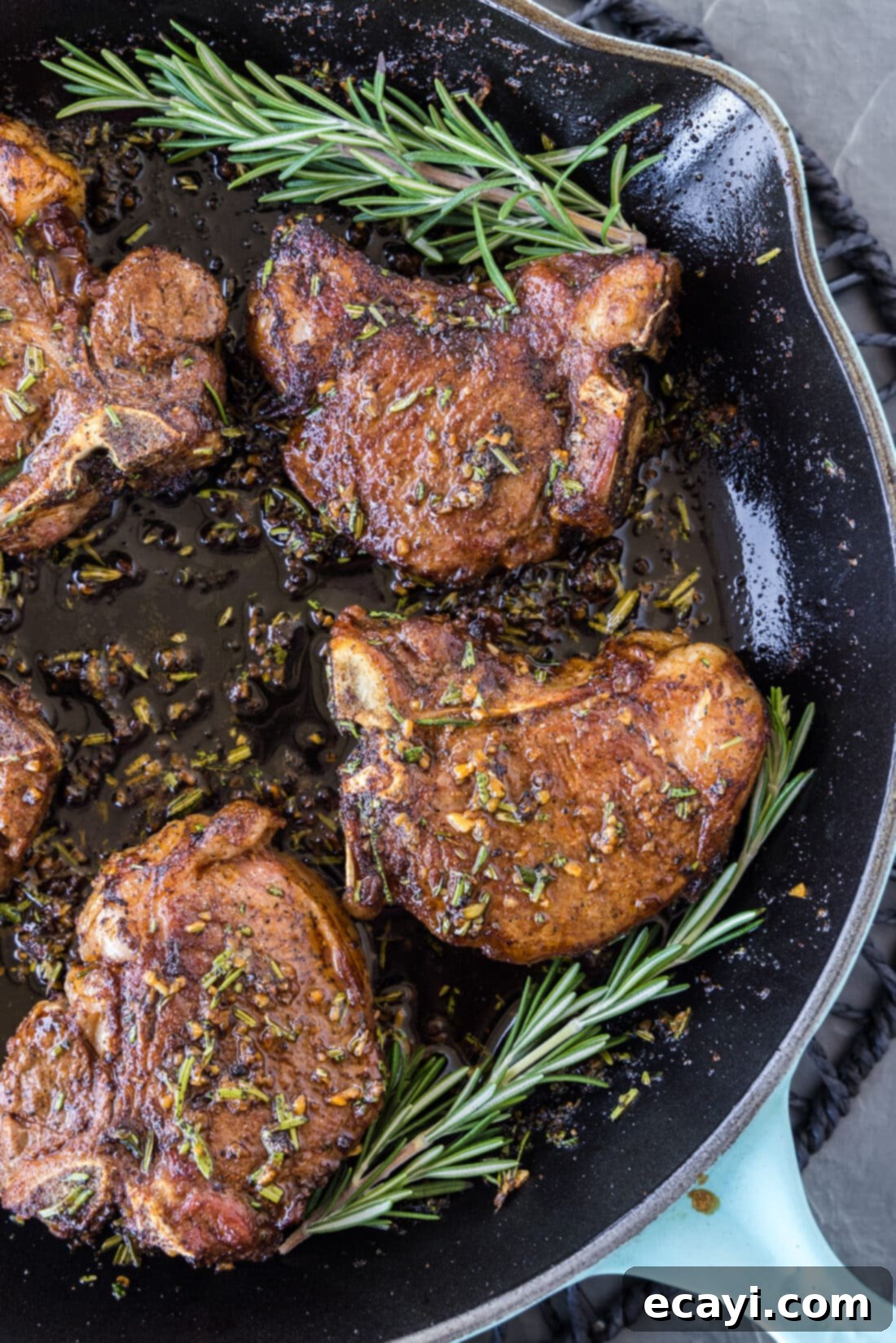 Seared Lamb Loin Chops 3 Close up of a skillet of Lamb Loin Chops
