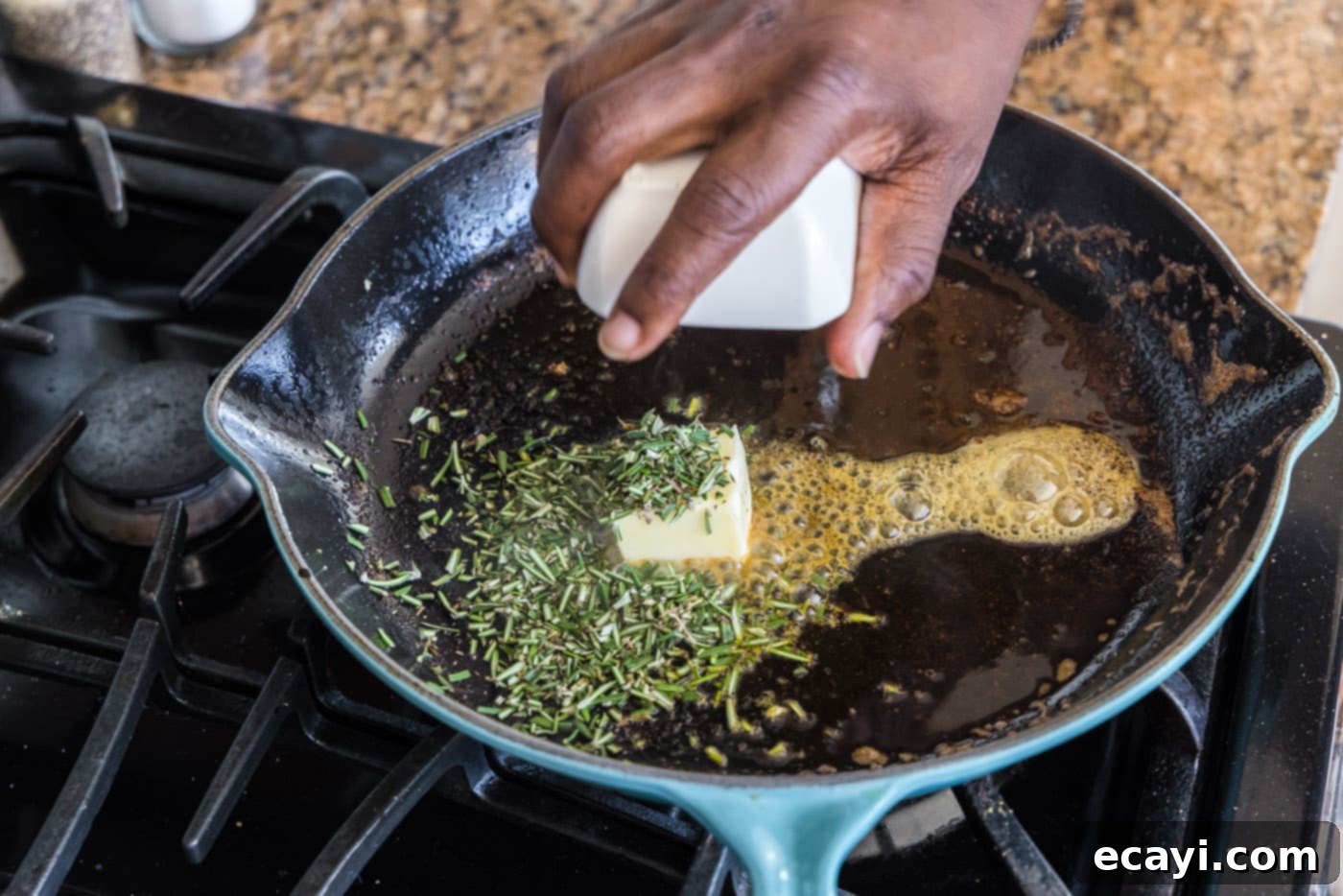Seared Lamb Loin Chops 9 adding butter and rosemary to skillet