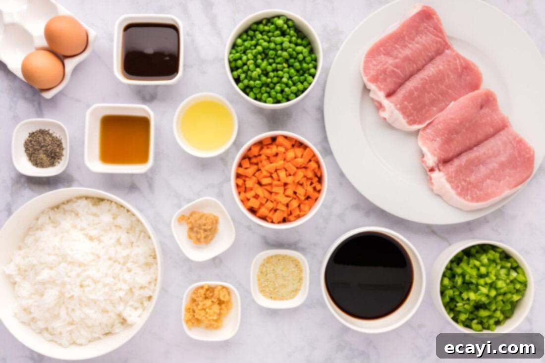 Wok-Fired Pork Fried Rice 4 A flat lay photograph displaying all fresh ingredients laid out for Pork Fried Rice preparation, including diced pork, chopped vegetables, eggs, and sauces.