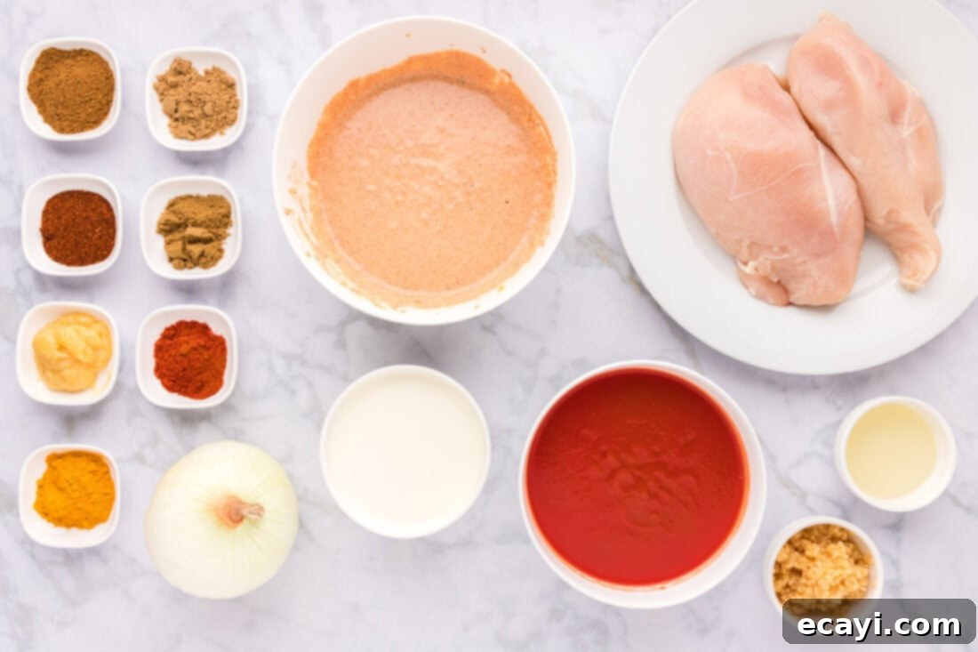 Chicken Tikka Masala 4 A flat lay photograph displaying all the fresh and dry ingredients needed to prepare Chicken Tikka Masala, neatly arranged on a counter.