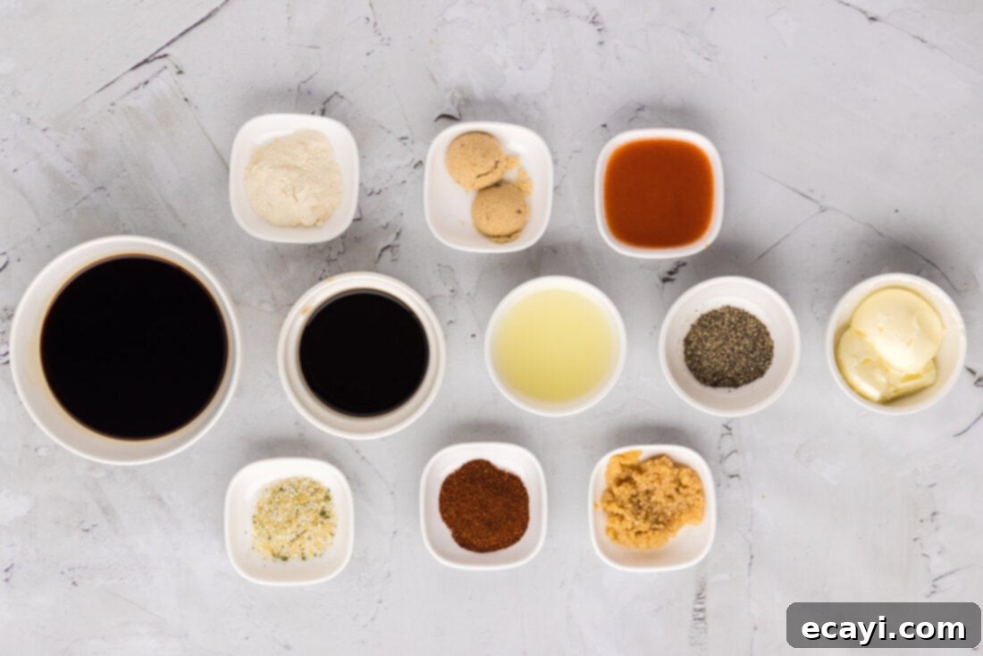 The Perfect Ribeye Marinade 4 Ingredients for Ribeye Steak Marinade laid out on a table