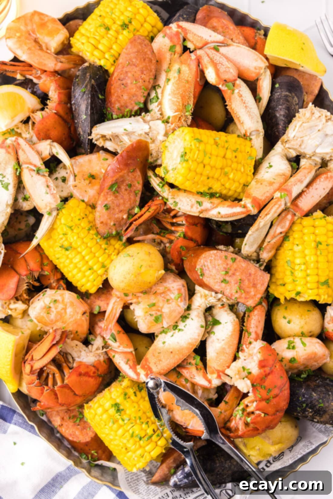 Ocean's Harvest Party 2 Seafood Boil in a metal pan, loaded with fresh ingredients