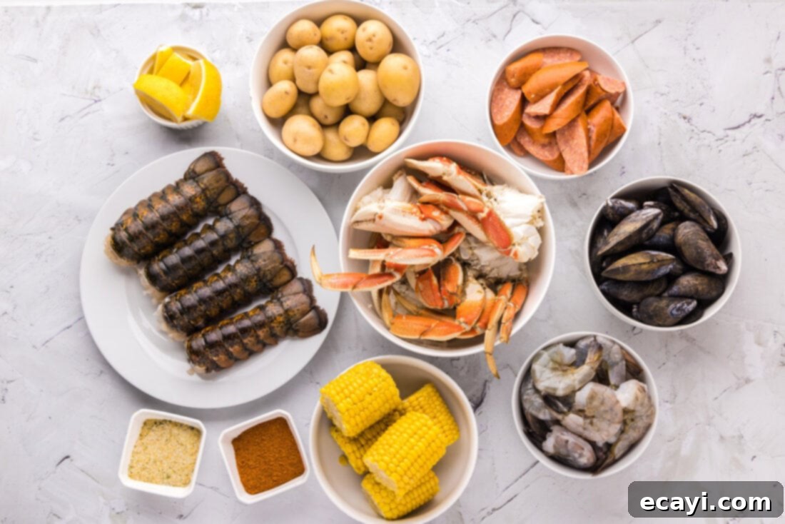 Ocean's Harvest Party 4 A selection of fresh ingredients for Seafood Boil, including crab, lobster, shrimp, corn, and potatoes