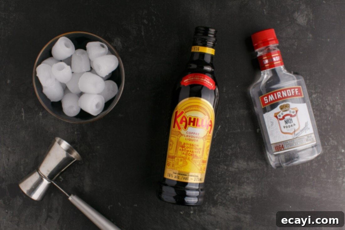 Siberian Night 4 Ingredients for Black Russian including a bottle of vodka and Kahlua