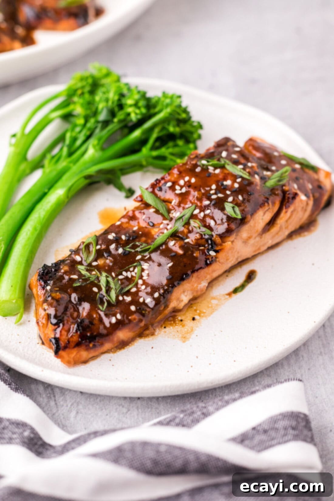 Sweet & Savory Teriyaki Salmon 2 Teriyaki Salmon on a plate with broccolini