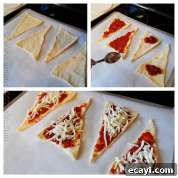 Cheesy Pizza Crescents 5 Detailed step-by-step photos illustrating how to prepare pizza crescent roll ups, from unrolling the dough to spreading a thin layer of sauce and adding cheese and toppings.