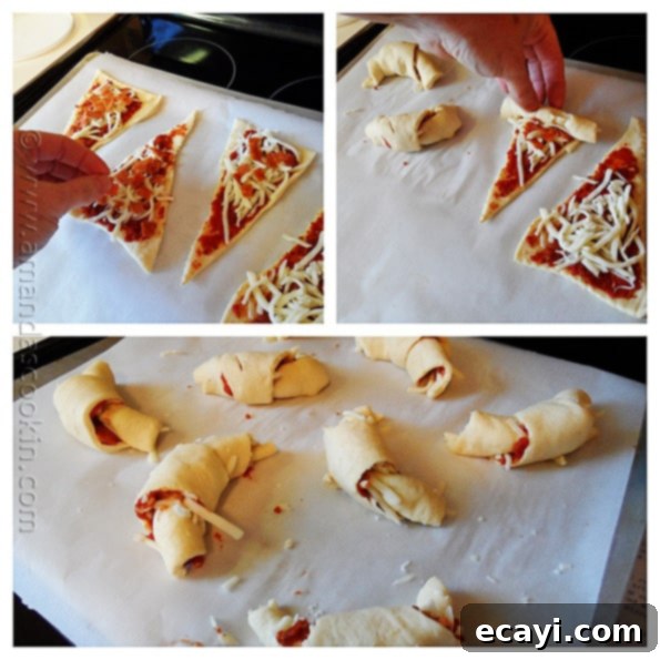 Cheesy Pizza Crescents 6 Detailed step-by-step photos showing the process of rolling up the pizza-filled crescent dough from the wide end, placing them on parchment paper, and sprinkling with Parmesan cheese before baking.