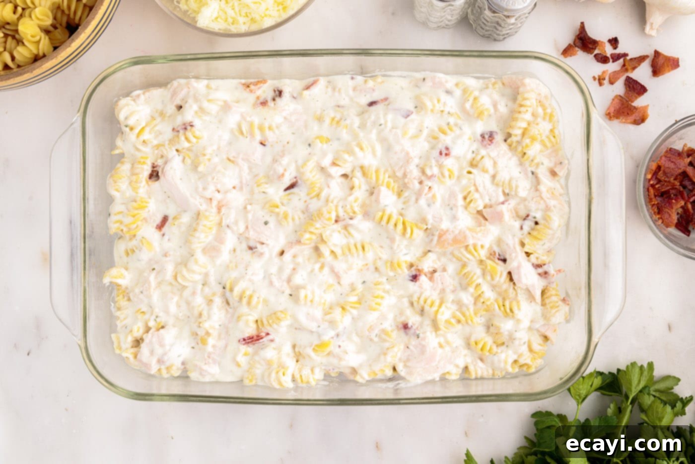 Creamy Chicken Bacon Ranch Bake 11 chicken bacon ranch casserole in a baking dish