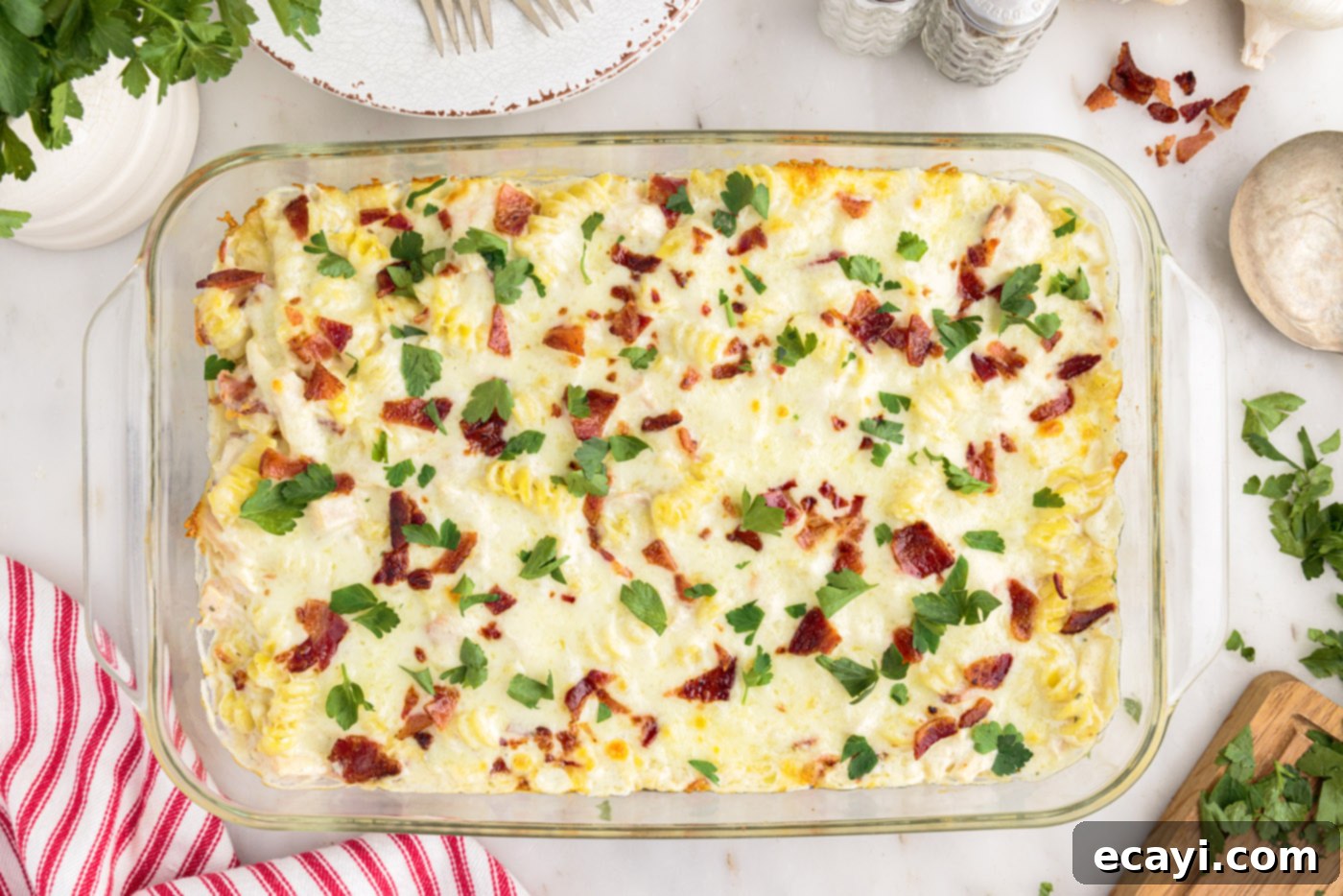 Creamy Chicken Bacon Ranch Bake 13 bacon chicken ranch casserole with chopped parsley overhead