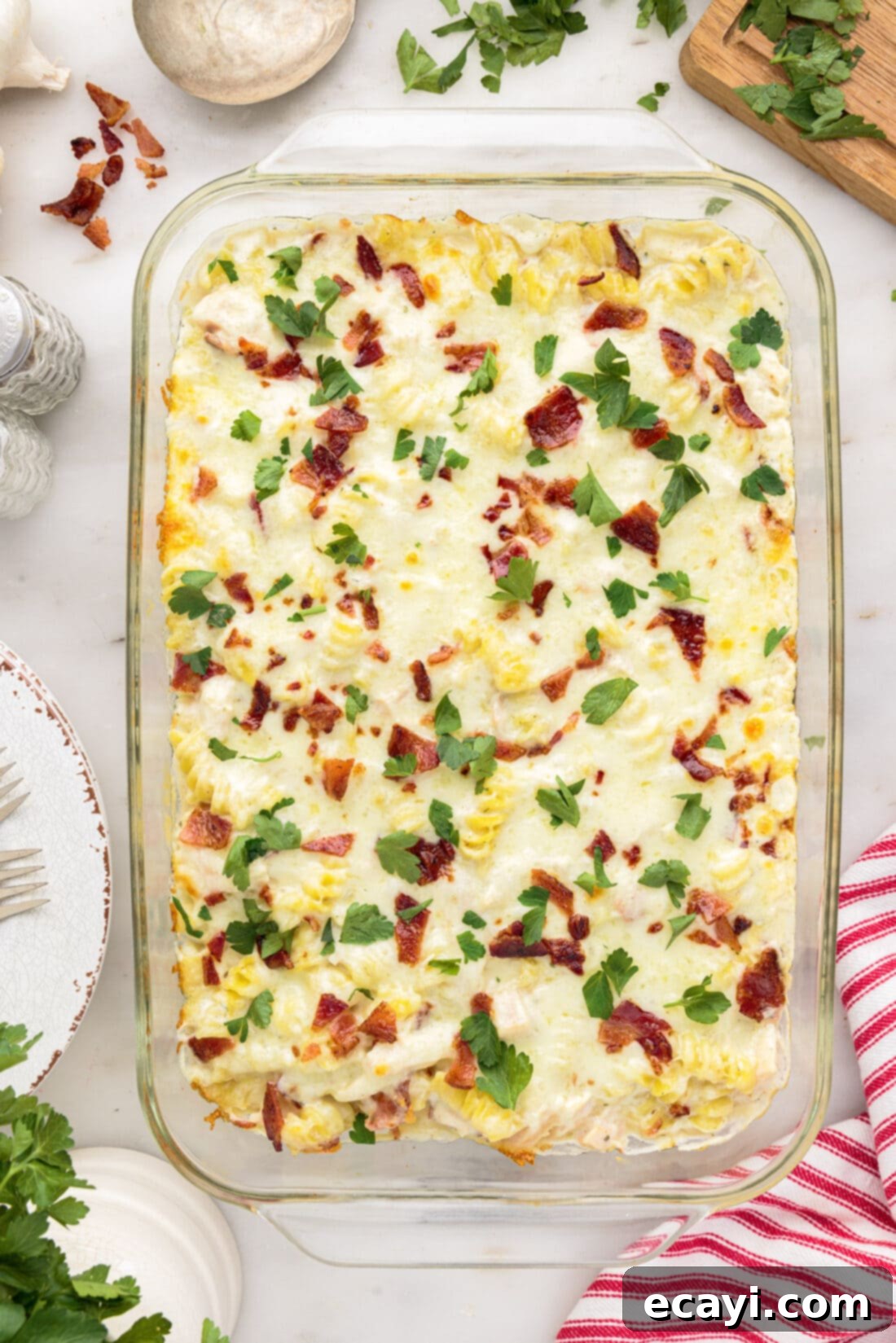 Creamy Chicken Bacon Ranch Bake 3 Overhead photo of a pan of Chicken Bacon Ranch Casserole