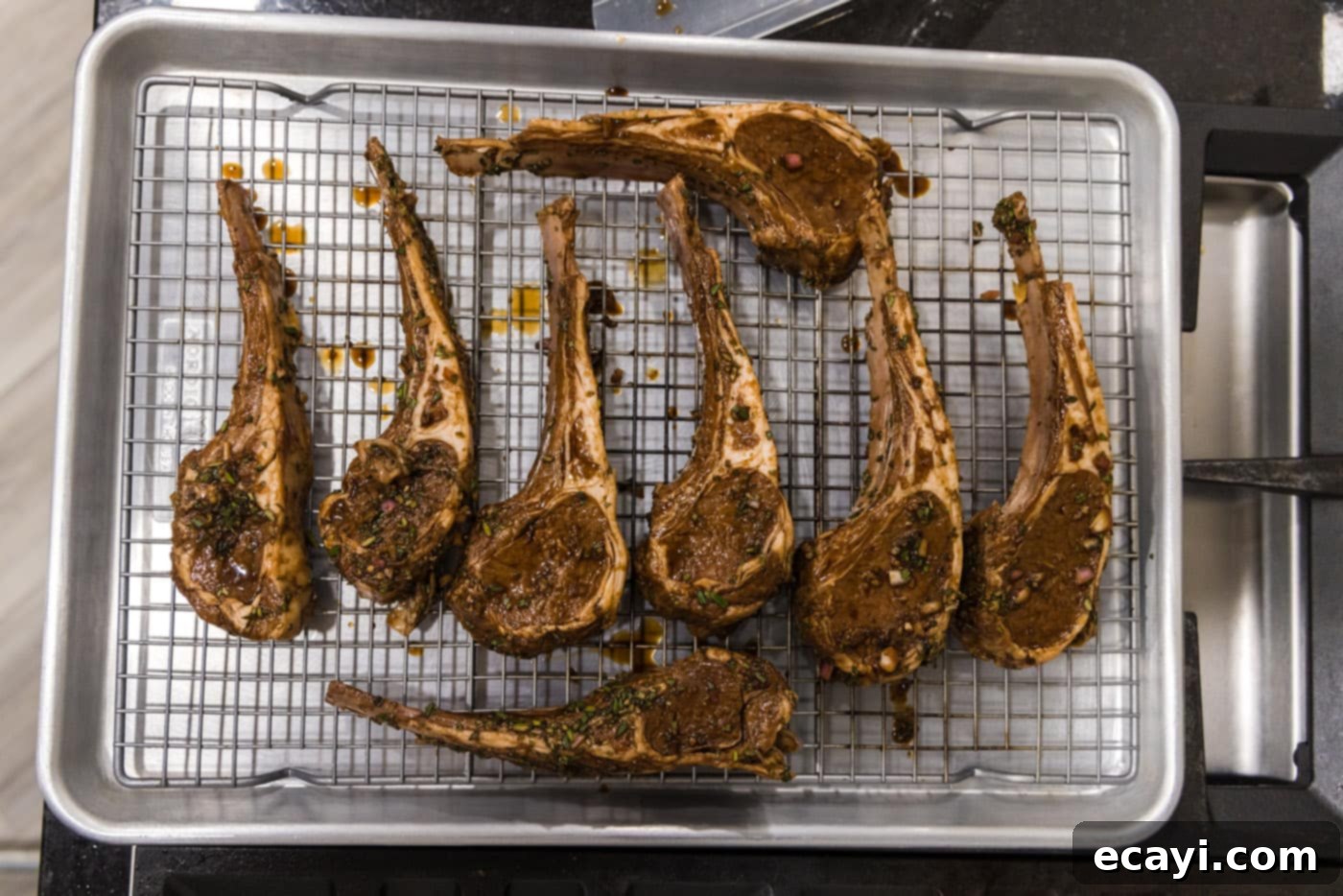 Succulent Broiled Lamb Chops 5 lamb chops on a wire rack over a baking sheet