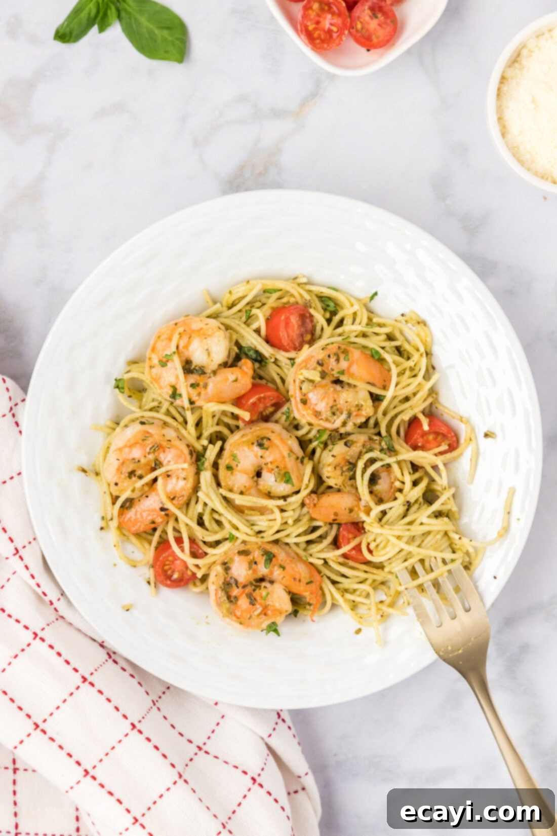 Vibrant Pesto Prawn Pasta 2 Plate of Shrimp Pesto Pasta, ready to eat