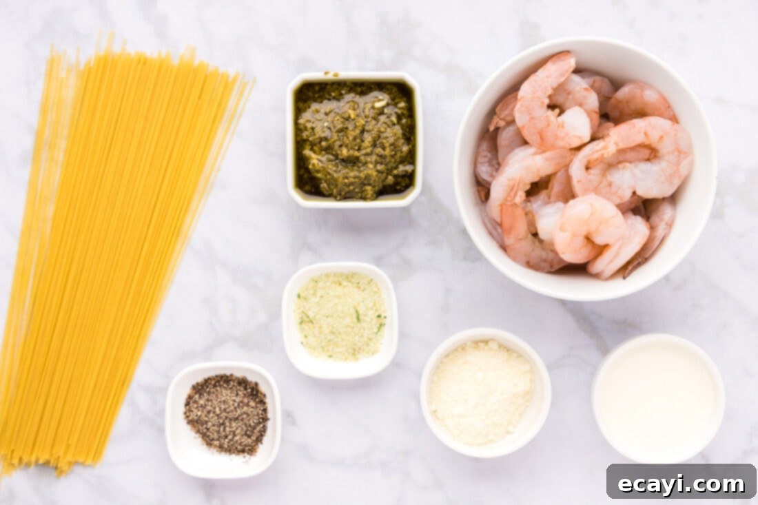 Vibrant Pesto Prawn Pasta 4 Fresh ingredients laid out for Shrimp Pesto Pasta