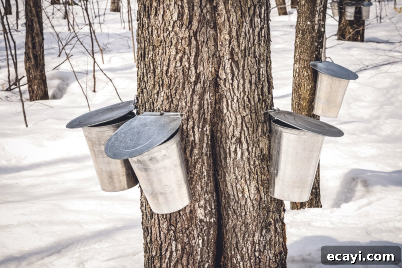 Maple Bliss Fudge 3 Buckets installed to collect maple sap from maple trees in Québec // FoodNouveau.com