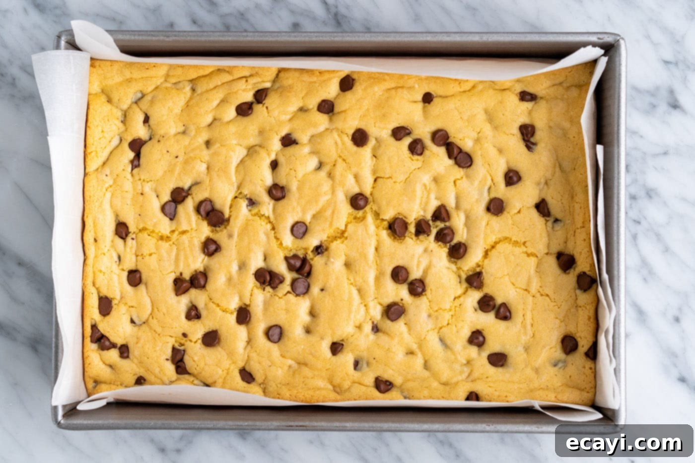 Easy Cake Mix Cookie Bars 12 A pan of freshly baked cake mix cookie bars, golden brown at the edges with a slightly softer center, straight from the oven.