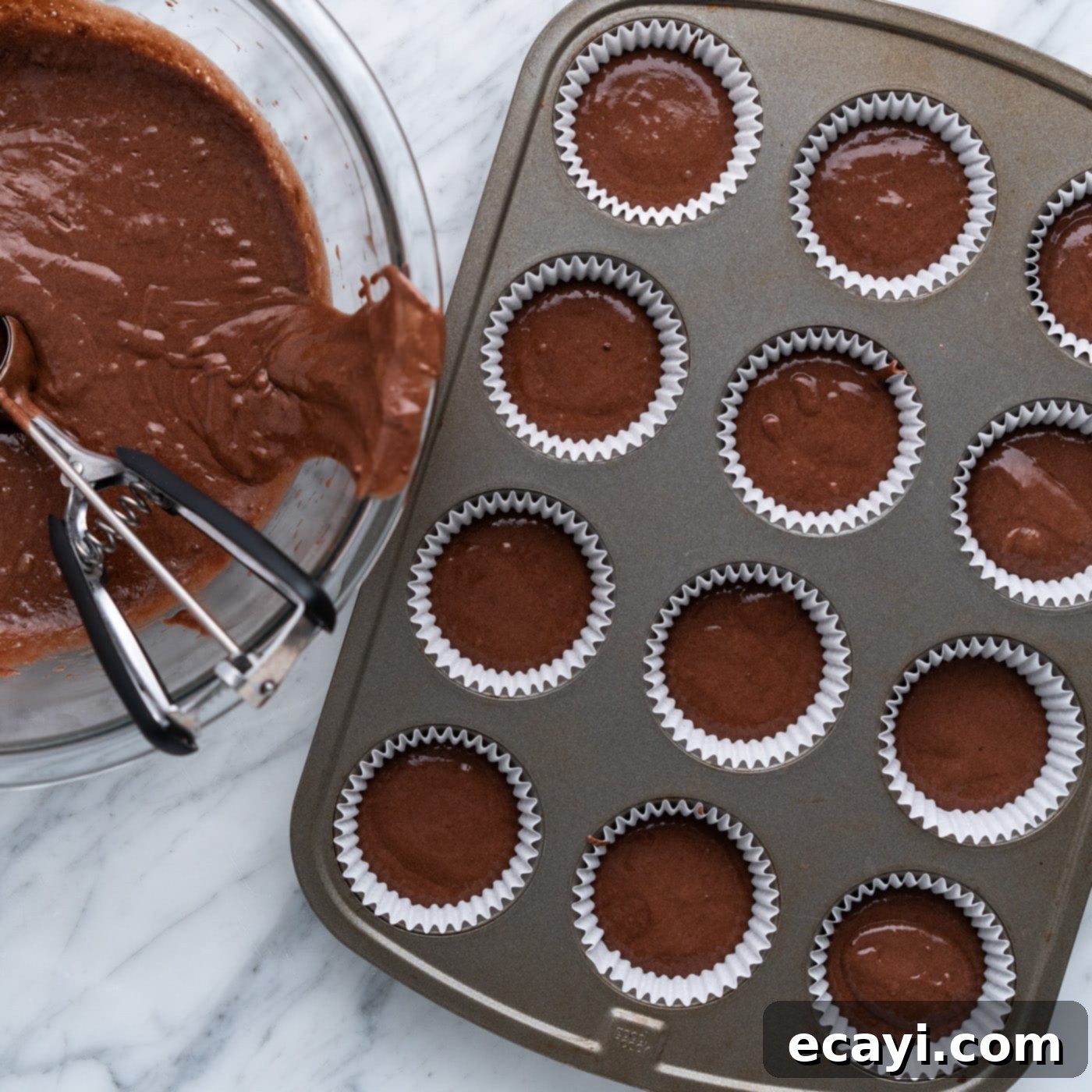 Springtime Nest Delights 6 chocolate cupcake batter in a muffin pan