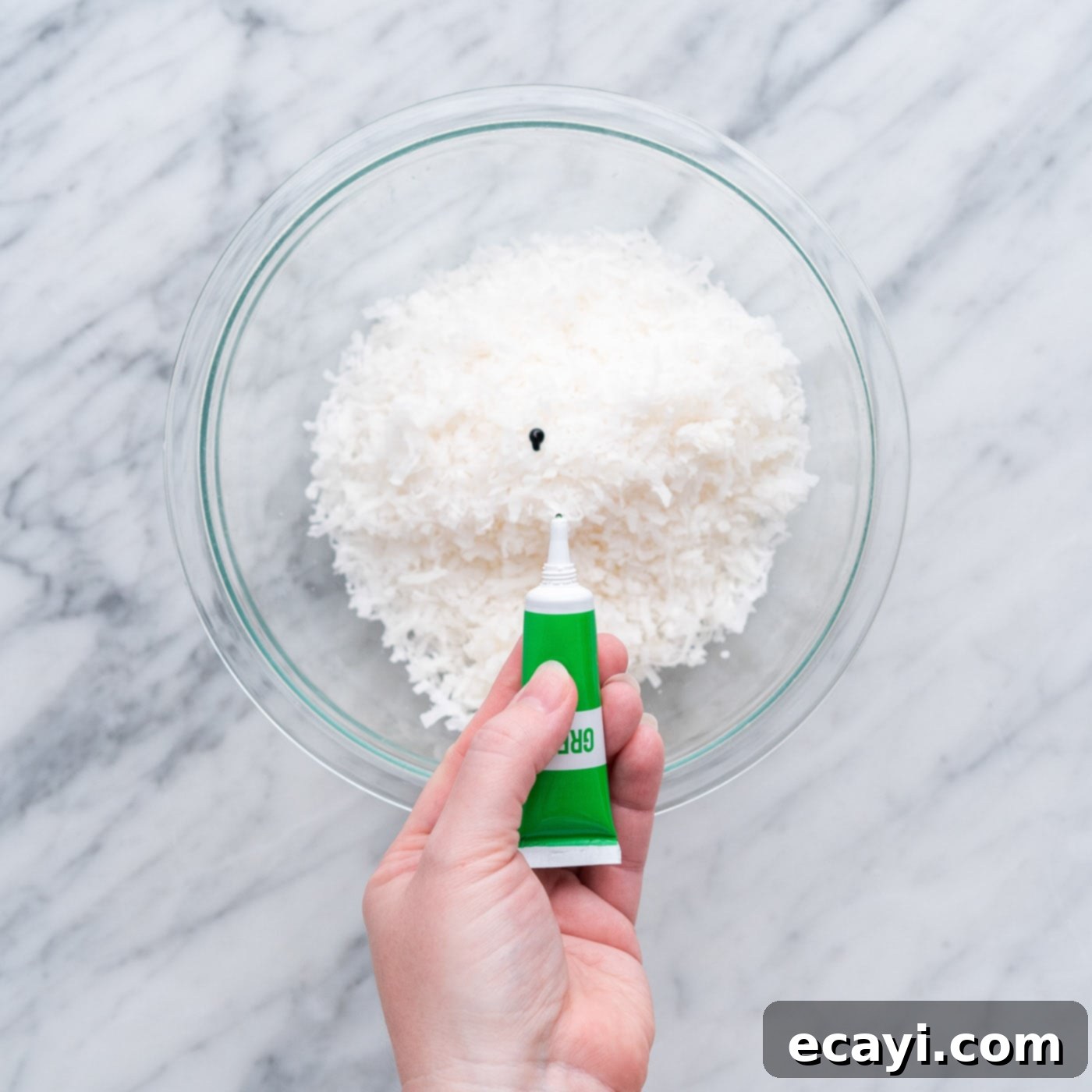 Springtime Nest Delights 8 adding green gel food color to shredded coconut
