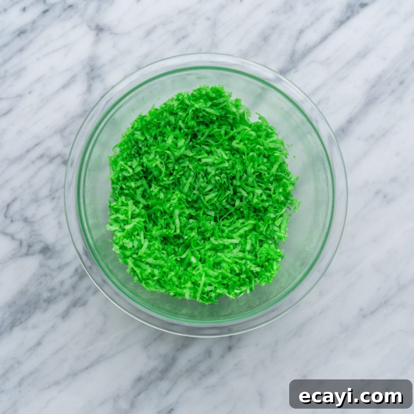 Springtime Nest Delights 9 green tinted shredded coconut in a bowl