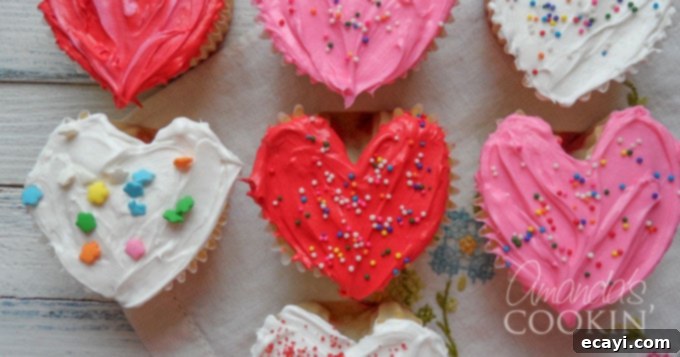 These heart cupcakes are shaped like hearts and covered in white, pink and red frosting. Make these super easy Valentine cupcakes from scratch or a box! #valentinesday #valentinesdaytreats #desserts #love #valentines #cupcakes #cupcakerecipes #cake #anniversary heart shaped cupcakes, showcasing a close-up of the frosting and unique heart design.