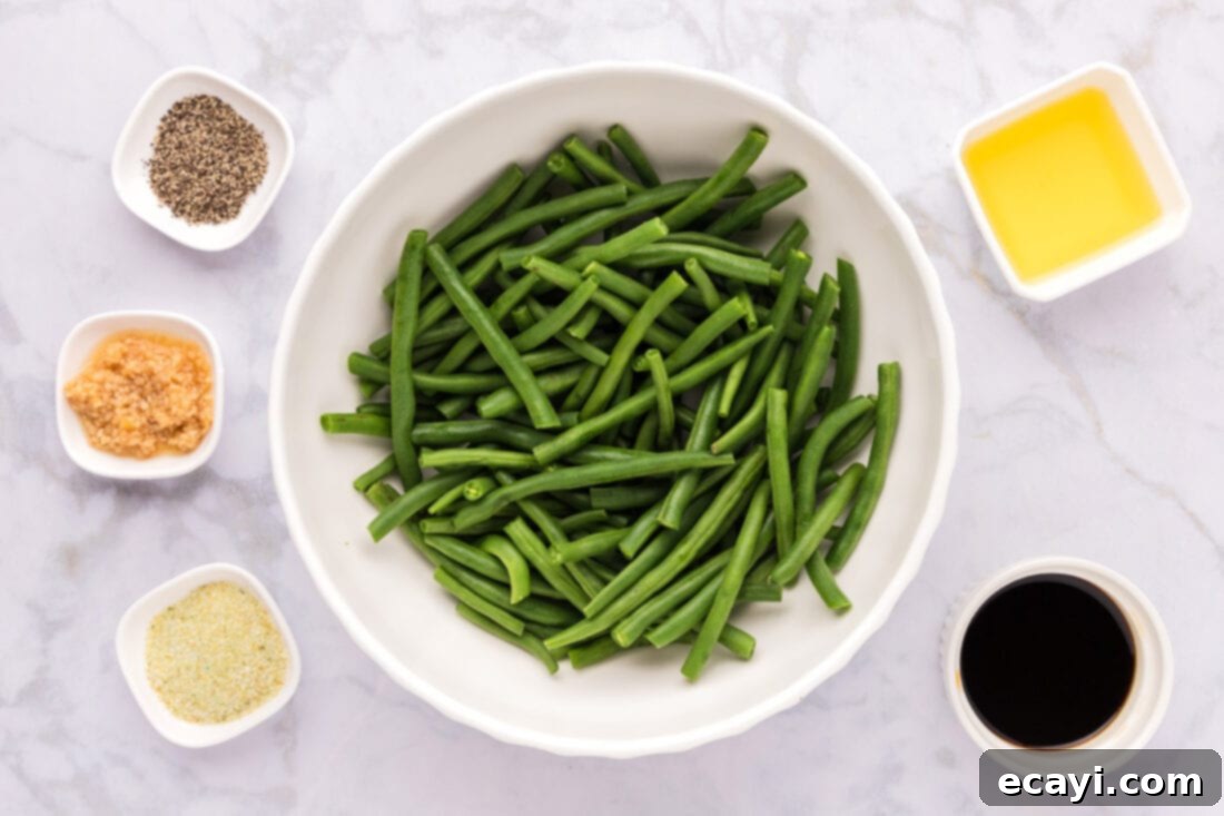 Crispy Roasted Green Beans 4 Fresh ingredients for making Roasted Green Beans: green beans, olive oil, soy sauce, garlic, black pepper, and garlic salt