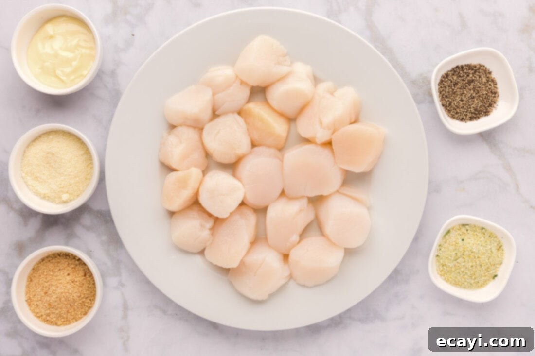 Golden Baked Scallops 4 A collection of fresh ingredients laid out for making Baked Scallops, including scallops, butter, cheese, breadcrumbs, and seasonings.
