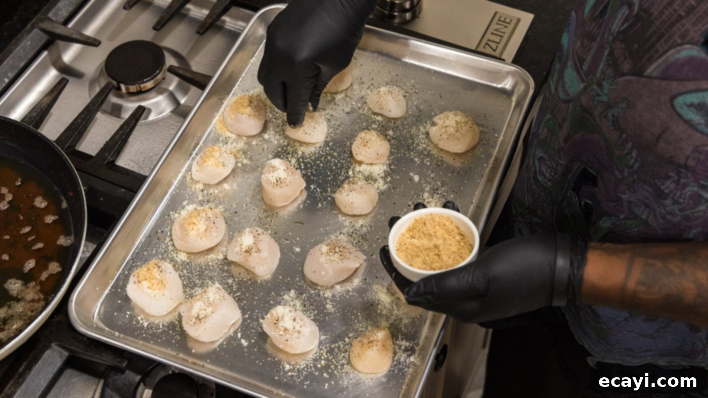 Golden Baked Scallops 7 Sprinkling bread crumbs generously over seasoned scallops on a baking sheet.