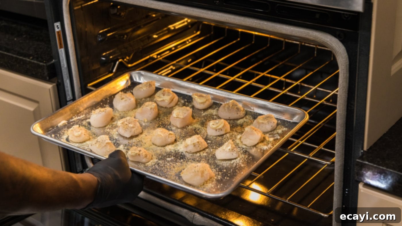 Golden Baked Scallops 10 Placing the baking sheet with prepared scallops into a preheated oven to bake.